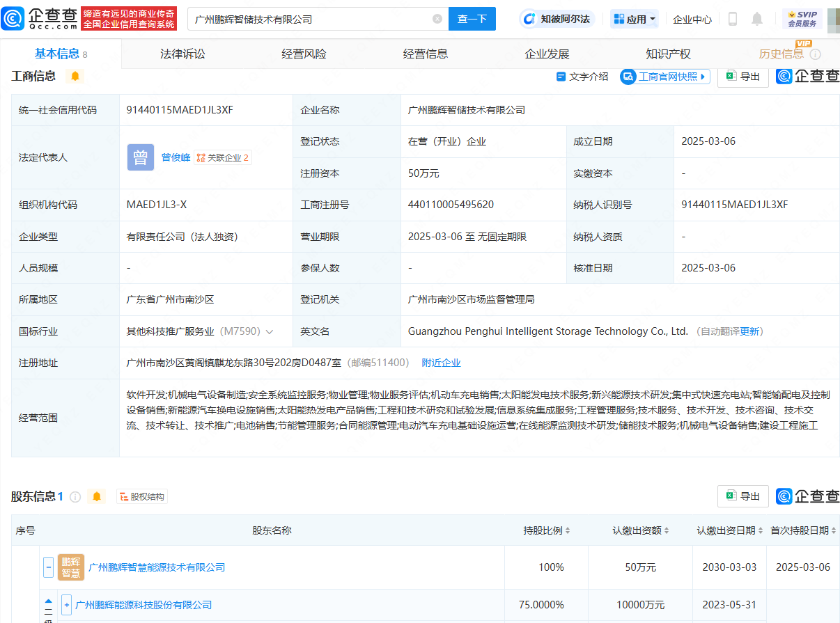鵬輝能源成立智儲技術(shù)公司，含電池銷售業(yè)務(wù)