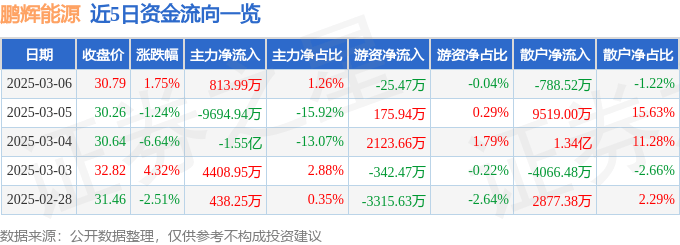 股票行情快報：鵬輝能源（300438）3月6日主力資金凈買入813.99萬元