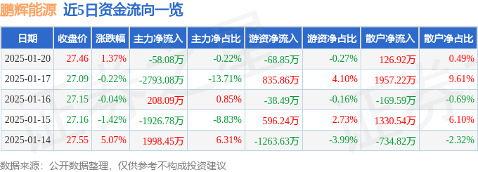 股票行情快報(bào)：鵬輝能源（300438）1月20日主力資金凈賣(mài)出58.08萬(wàn)元