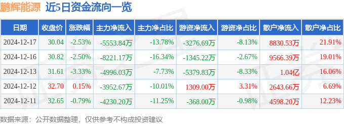 股票行情快報：鵬輝能源（300438）12月17日主力資金凈賣出5553.84萬元