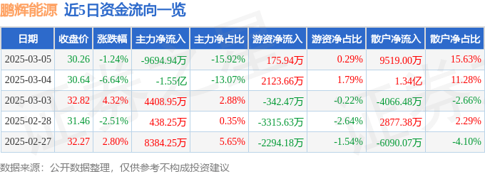 股票行情快報：鵬輝能源（300438）3月5日主力資金凈賣出9694.94萬元