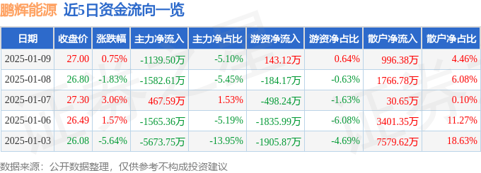 股票行情快報：鵬輝能源（300438）1月9日主力資金凈賣出1139.50萬元