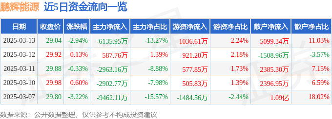 股票行情快報(bào)：鵬輝能源（300438）3月13日主力資金凈賣(mài)出6135.95萬(wàn)元