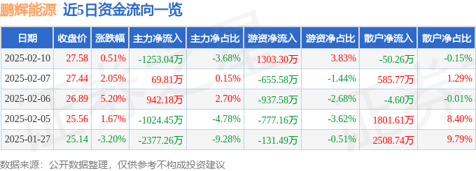 股票行情快報(bào)：鵬輝能源（300438）2月10日主力資金凈賣出1253.04萬(wàn)元