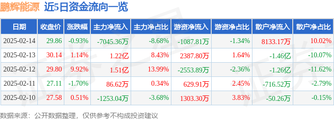 股票行情快報：鵬輝能源（300438）2月14日主力資金凈賣出7045.36萬元