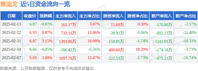 股票行情快報(bào)：雪迪龍（002658）2月13日主力資金凈買入161.17萬元