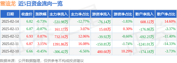 股票行情快報(bào)：雪迪龍（002658）2月14日主力資金凈賣出531.98萬元