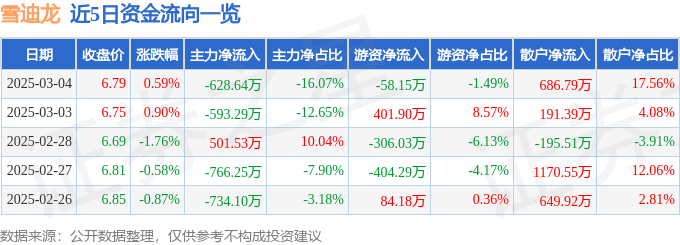 股票行情快報(bào)：雪迪龍（002658）3月4日主力資金凈賣出628.64萬(wàn)元