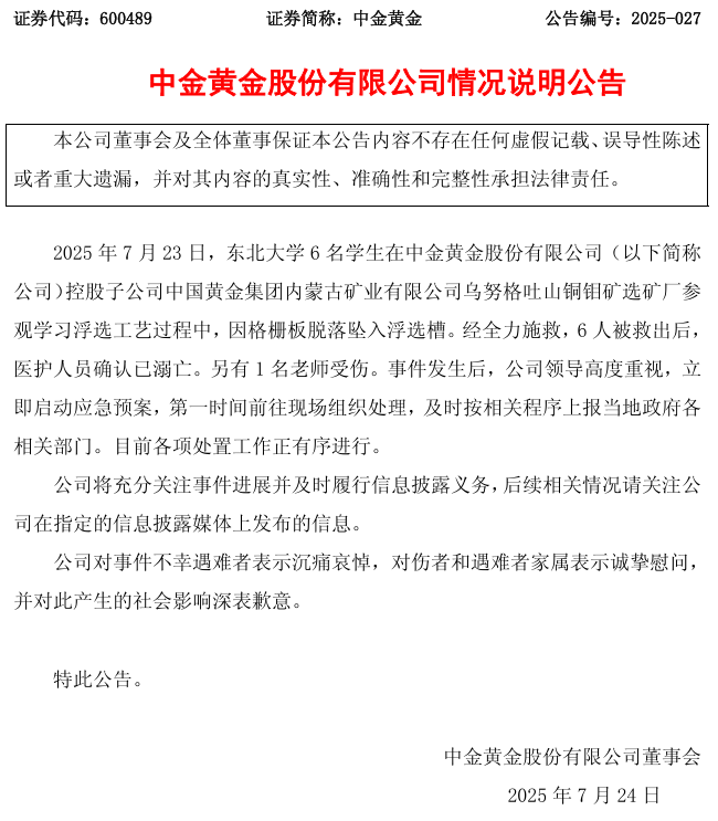 剛剛！中金黃金發(fā)布情況說明
