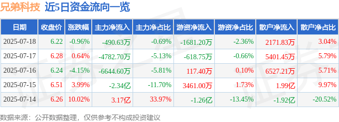 股票行情快報(bào)：兄弟科技（002562）7月18日主力資金凈賣出490.63萬元