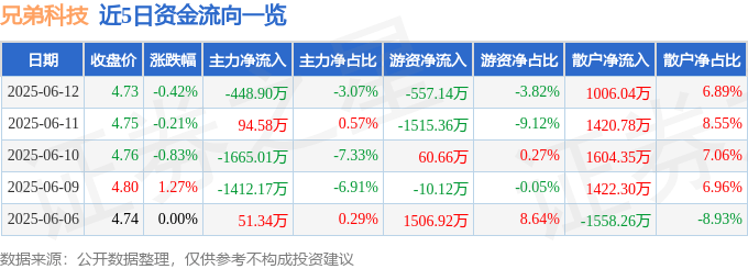 股票行情快報：兄弟科技（002562）6月12日主力資金凈賣出448.90萬元