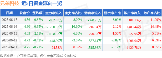 股票行情快報(bào)：兄弟科技（002562）6月17日主力資金凈賣出852.37萬元