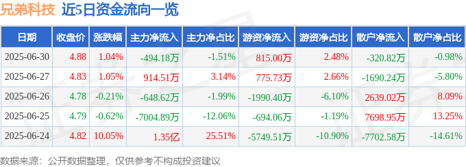 股票行情快報(bào)：兄弟科技（002562）6月30日主力資金凈賣出494.18萬(wàn)元