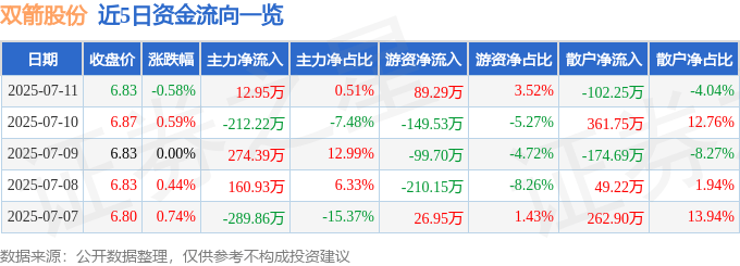 股票行情快報(bào)：雙箭股份（002381）7月11日主力資金凈買(mǎi)入12.95萬(wàn)元