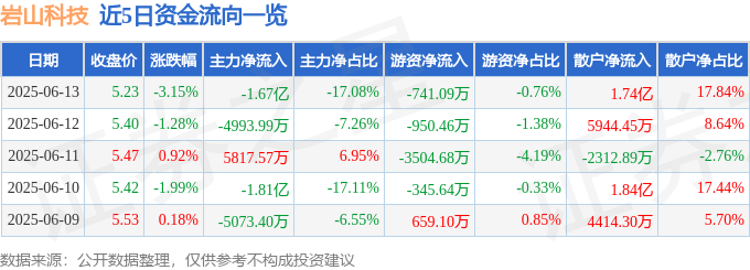 股票行情快報(bào)：巖山科技（002195）6月13日主力資金凈賣出1.67億元