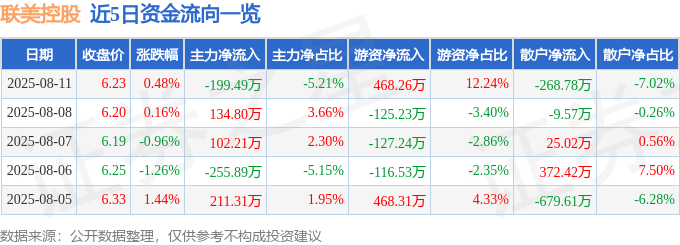 股票行情快報：聯(lián)美控股（600167）8月11日主力資金凈賣出199.49萬元